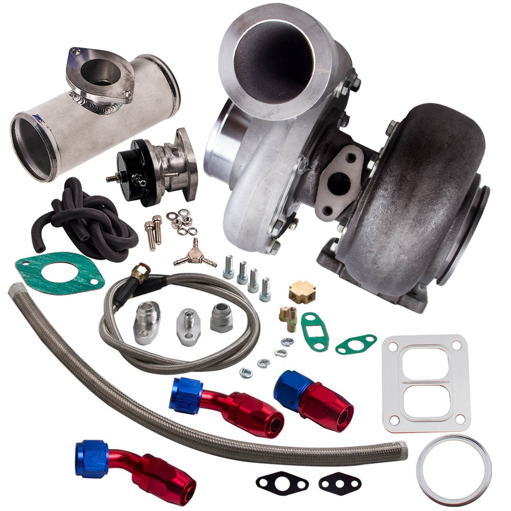 4PCS Universal GT45 Turbocharger Kit + Oil Feed & Return Line + BOV