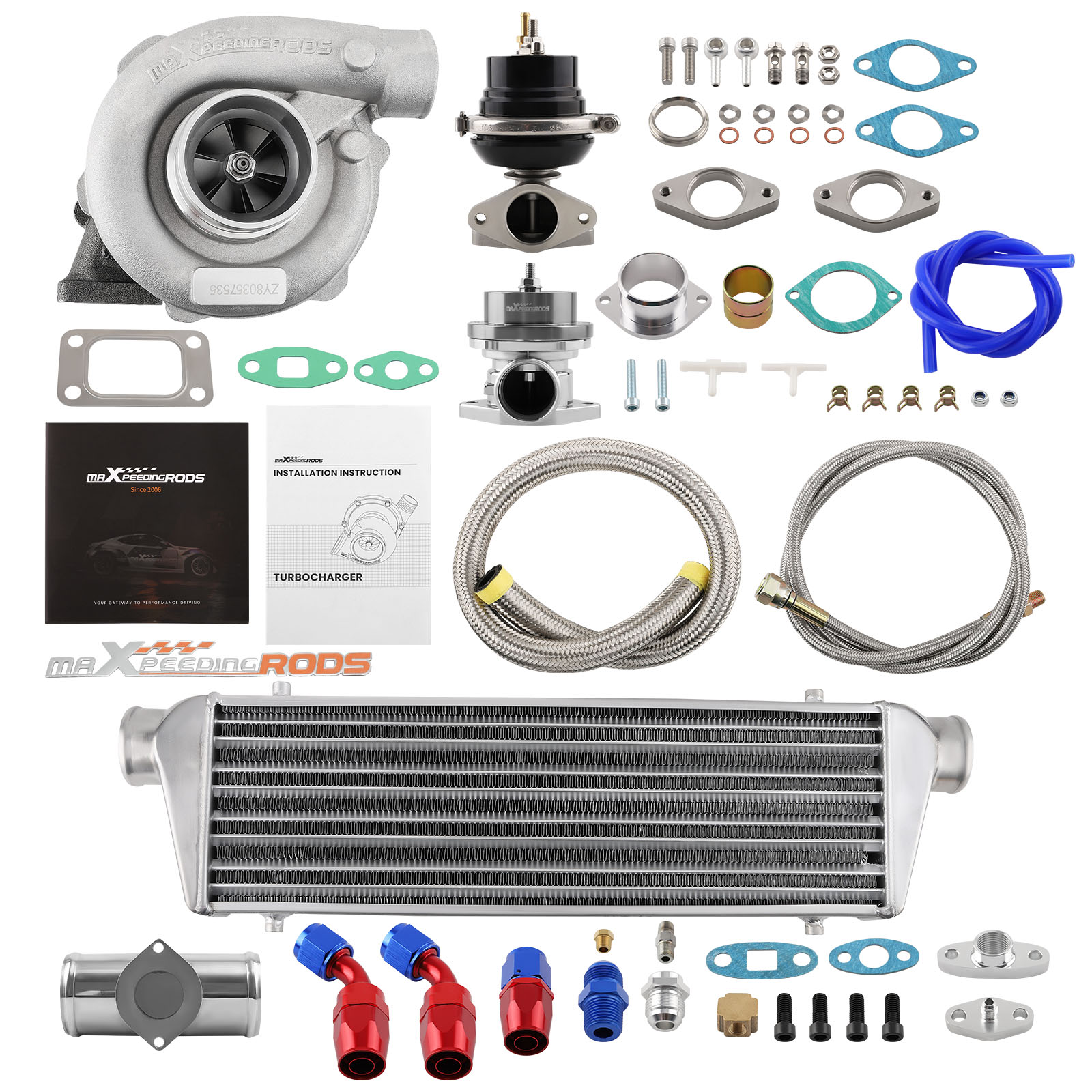T3 T4 T04E Universal Turbo Turbocharger Kit 0.63A/R +Wastegate+Intercooler Hose
