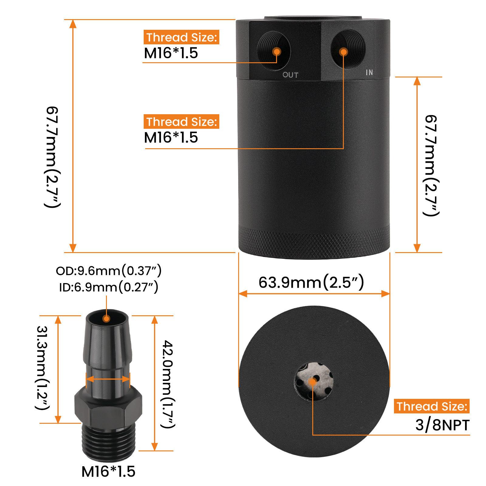 Baffled Aluminum Oil Catch Can 2 Port Oil Catch Tank Reservoir Universal Black